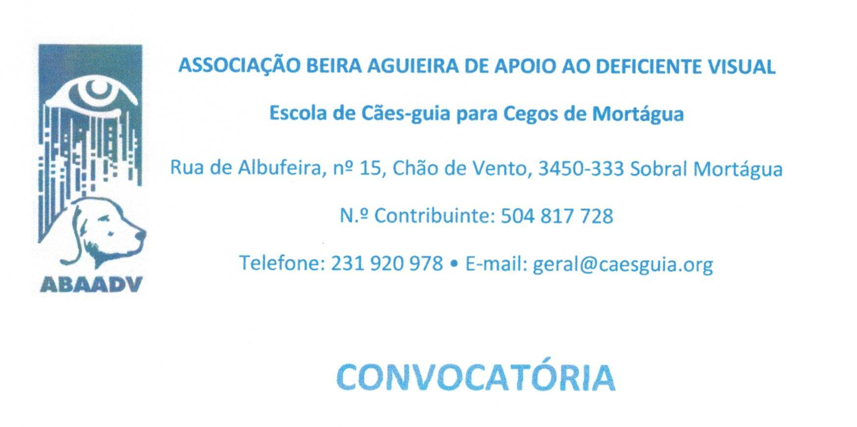 Cabeçalho da folha da Convocatória Em cima: Logo da ABAADV com o nome e os contactos No meio - texto: CONVOCATÓRIA